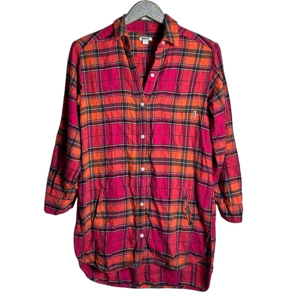 DKNY Pink & Orange Plaid Flannel Tunic